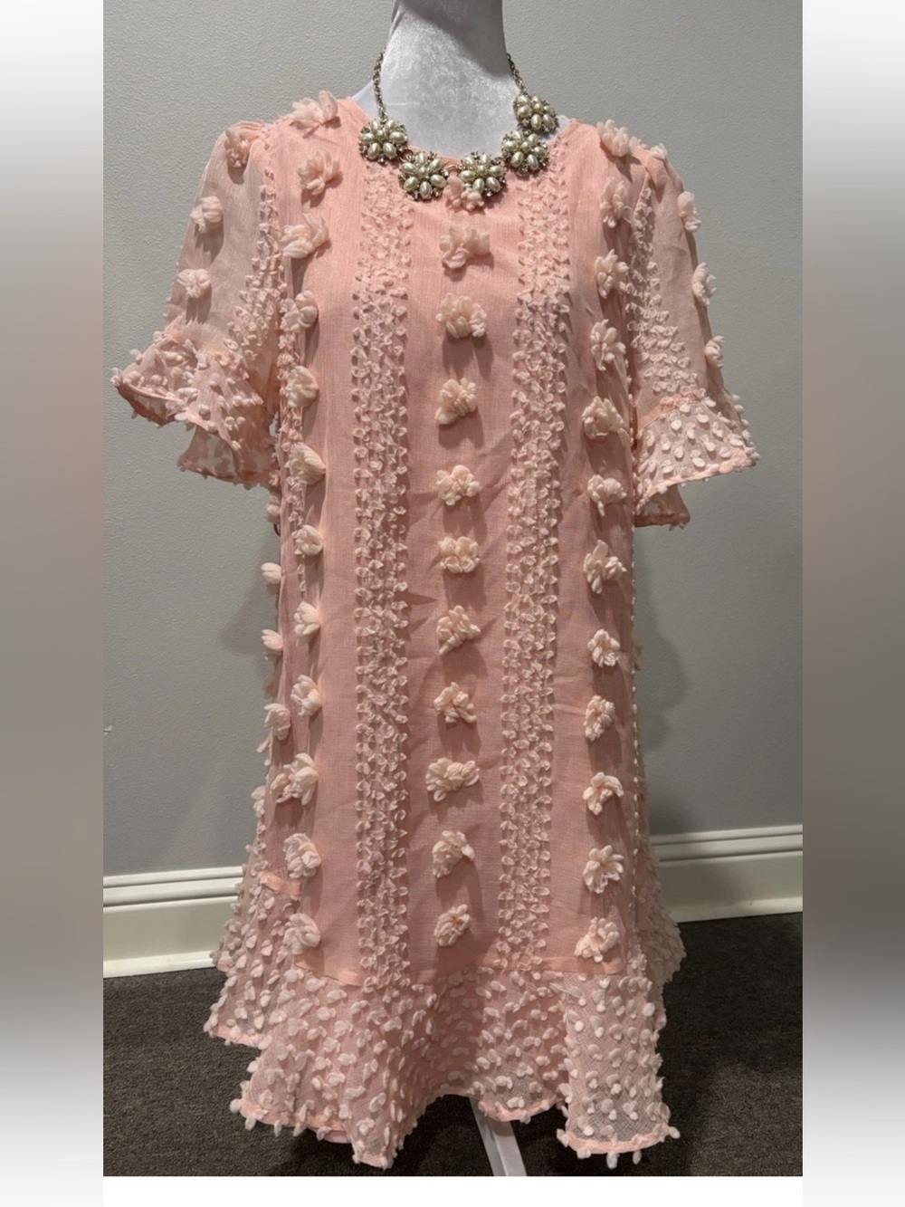 Macaron Pink Boutique Dress Ruffle Trim M New NWT